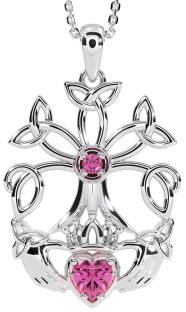 Pink Tourmaline Silver Claddagh Trinity knot Celtic Tree of Life Necklace