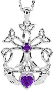 Amethyst White Gold Claddagh Trinity knot Celtic Tree of Life Necklace