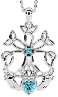 Aquamarine White Gold Claddagh Trinity knot Celtic Tree of Life Necklace