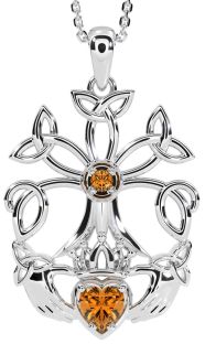 Citrine White Gold Claddagh Trinity knot Celtic Tree of Life Necklace