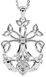 Diamond White Gold Claddagh Trinity knot Celtic Tree of Life Necklace