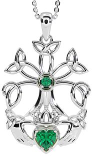 Emerald White Gold Claddagh Trinity knot Celtic Tree of Life Necklace