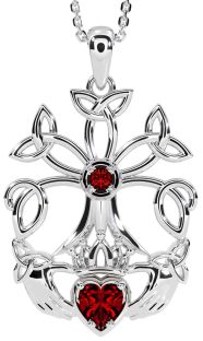 Garnet White Gold Claddagh Trinity knot Celtic Tree of Life Necklace