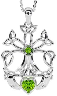 Peridot White Gold Claddagh Trinity knot Celtic Tree of Life Necklace