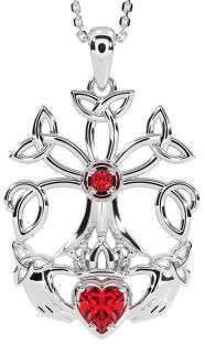 Ruby White Gold Claddagh Trinity knot Celtic Tree of Life Necklace
