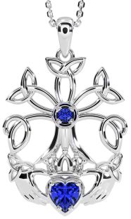Sapphire White Gold Claddagh Trinity knot Celtic Tree of Life Necklace
