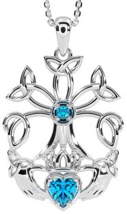 Topaz White Gold Claddagh Trinity knot Celtic Tree of Life Necklace