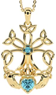 Aquamarine Gold Claddagh Trinity knot Celtic Tree of Life Necklace