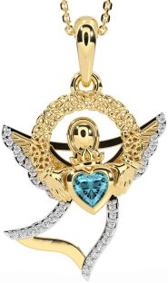 Diamond Aquamarine Gold Silver Claddagh Celtic Trinity Knot Necklace