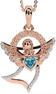 Diamond Aquamarine Rose Gold Claddagh Celtic Trinity Knot Necklace