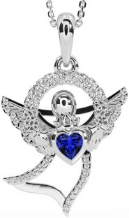 Diamond Sapphire White Gold Claddagh Celtic Trinity Knot Necklace