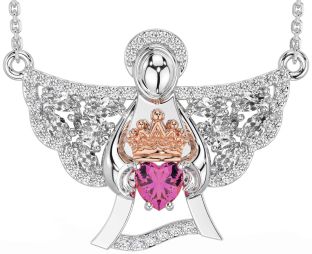 Diamond Pink Tourmaline White Rose Gold Claddagh Necklace