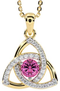 Diamond Pink Tourmaline Gold Celtic Trinity Knot Necklace
