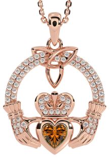 Diamond Citrine Rose Gold Silver Claddagh Trinity knot Necklace