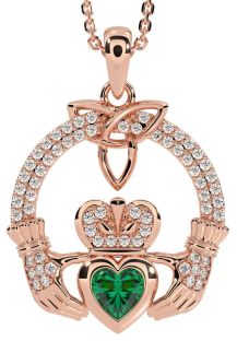 Diamond Emerald Rose Gold Claddagh Trinity knot Necklace