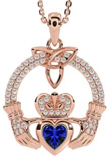 Diamond Sapphire Rose Gold Claddagh Trinity knot Necklace