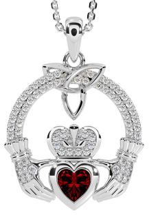 Diamond Garnet Silver Claddagh Trinity knot Necklace