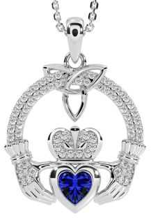 Diamond Sapphire White Gold Claddagh Trinity knot Necklace