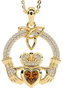 Diamond Citrine Gold Claddagh Trinity knot Necklace