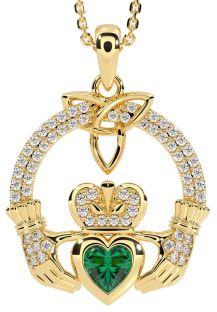 Diamond Emerald Gold Claddagh Trinity knot Necklace