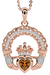 Diamond Citrine Rose Gold Silver Claddagh Celtic Trinity Knot Necklace