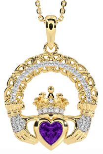 Diamond Amethyst Gold Silver Claddagh Celtic Trinity Knot Necklace