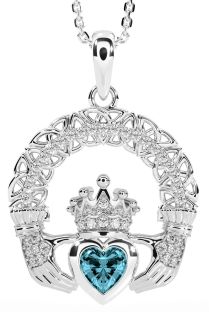 Diamond Aquamarine White Gold Claddagh Celtic Trinity Knot Necklace