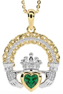 Diamond Emerald White Yellow Gold Claddagh Celtic Trinity Knot Necklace