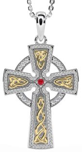 Diamond Ruby White Yellow Gold Celtic Cross Knot Necklace