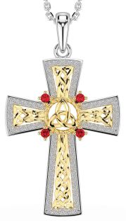 Ruby Gold Silver Celtic Cross Trinity Knot Necklace