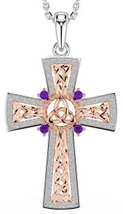 Amethyst White Rose Gold Celtic Cross Trinity Knot Necklace