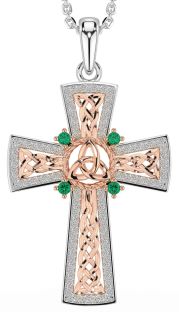 Emerald White Rose Gold Celtic Cross Trinity Knot Necklace