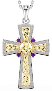 Amethyst White Yellow Gold Celtic Cross Trinity Knot Necklace