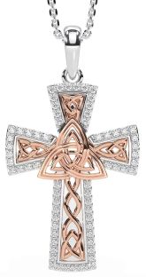 Diamond White Rose Gold Celtic Cross Trinity Knot Necklace