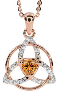 Diamond Citrine Rose Gold Celtic Trinity Knot Necklace