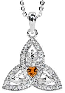 Diamond Citrine Silver Claddagh Trinity knot Necklace