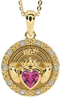 Diamond Pink Tourmaline Gold Celtic Claddagh Necklace
