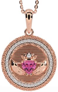 Diamond Pink Tourmaline Rose Gold Silver Claddagh Celtic Trinity Knot Necklace