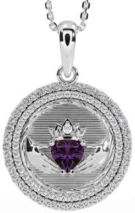 Diamond Alexandrite Silver Claddagh Celtic Trinity Knot Necklace
