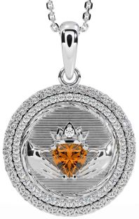 Diamond Citrine Silver Claddagh Celtic Trinity Knot Necklace