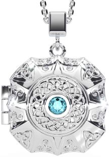Aquamarine Silver Celtic Trinity Knot Locket Necklace