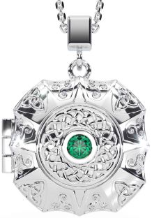 Emerald Silver Celtic Trinity Knot Locket Necklace