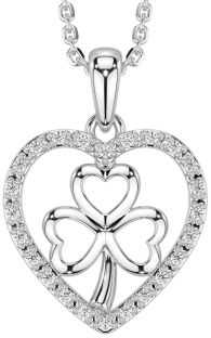 Diamond Silver Celtic Heart Shamrock Necklace