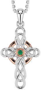 Emerald Rose Gold Silver Celtic Cross Necklace
