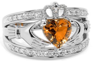 Diamond Citrine Silver Claddagh Ring