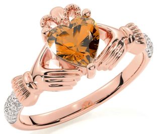 Diamond Citrine Rose Gold Claddagh Ring