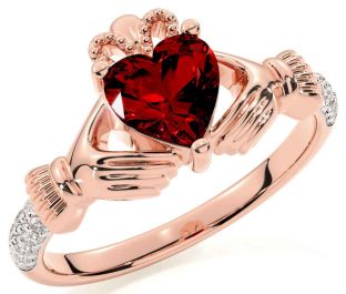 Diamond Garnet Rose Gold Claddagh Ring
