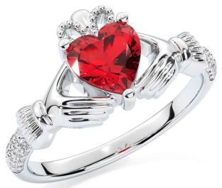 Diamond Ruby White Gold Claddagh Ring