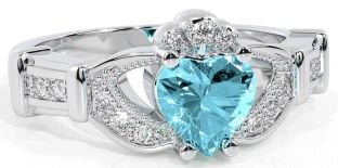 Diamond Aquamarine Silver Claddagh Ring