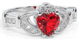 Diamond Ruby White Gold Claddagh Ring
